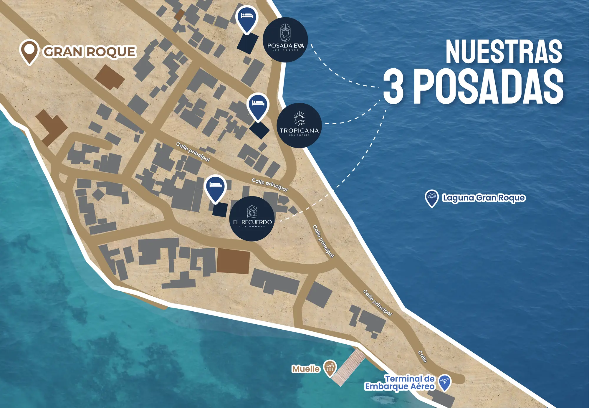 Mapa de Gran Roque con las tres posadas