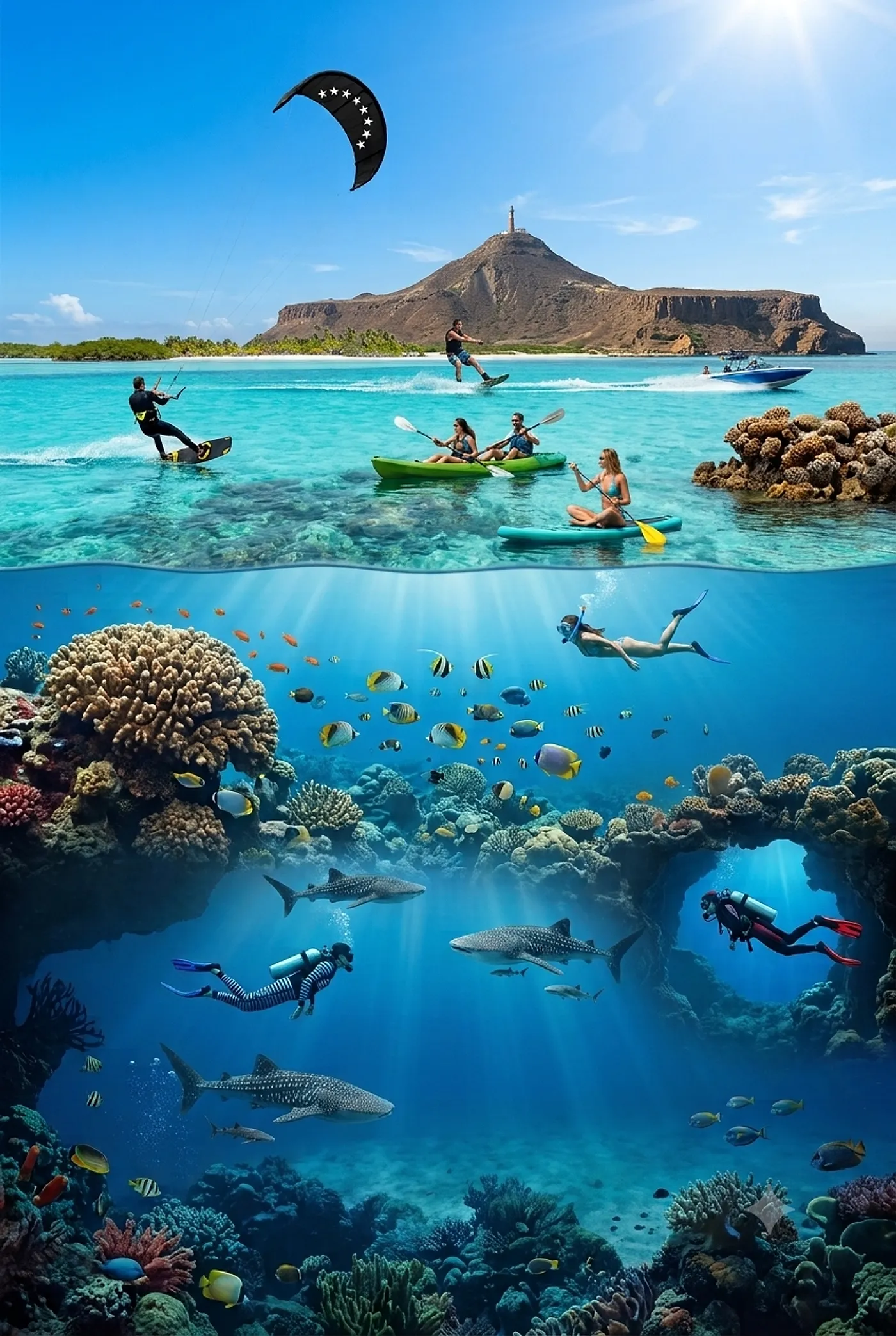Actividades acuáticas en Los Roques: kitesurf, wakeboard, kayak, paddleboard, snorkel y buceo